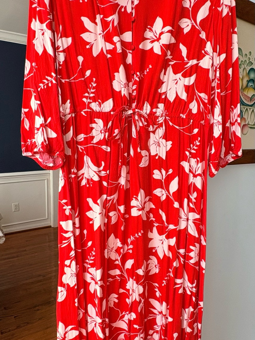 croft & barrow Red Floral Tie-Waist Long Sleeve Midi Dress